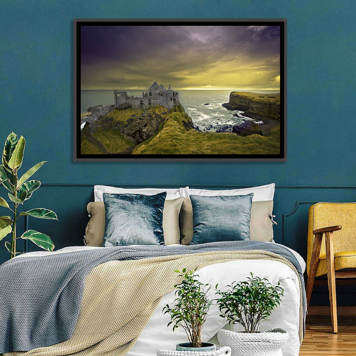 Dunluce Castle Ruins Wall Art in a room, landscape
