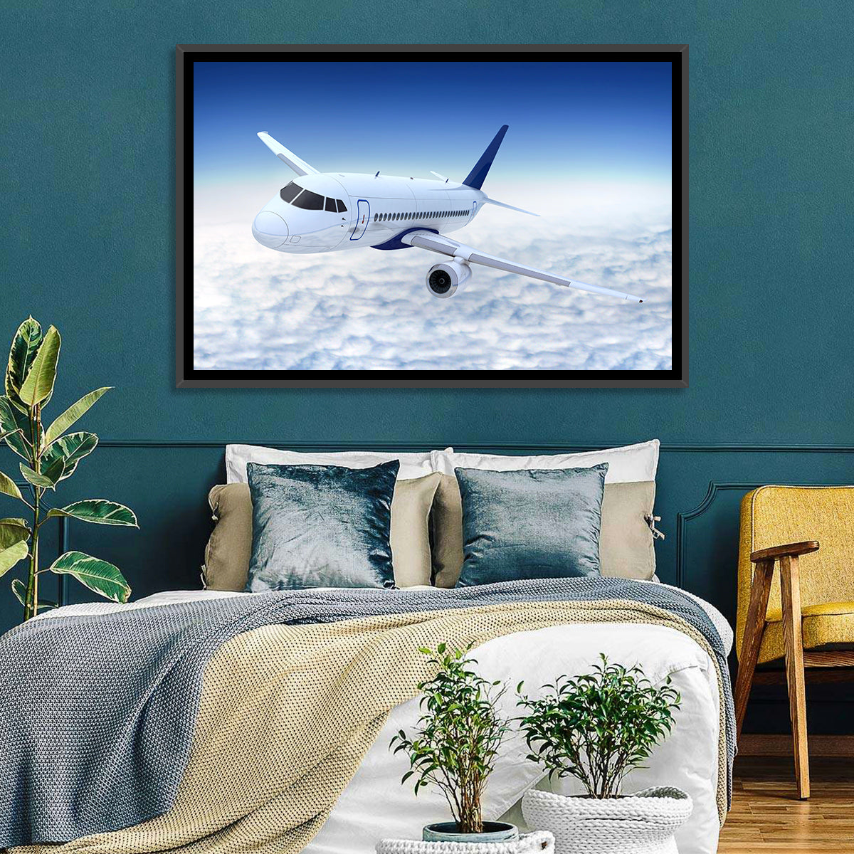 Commercial Jet Above Clouds Wall Art