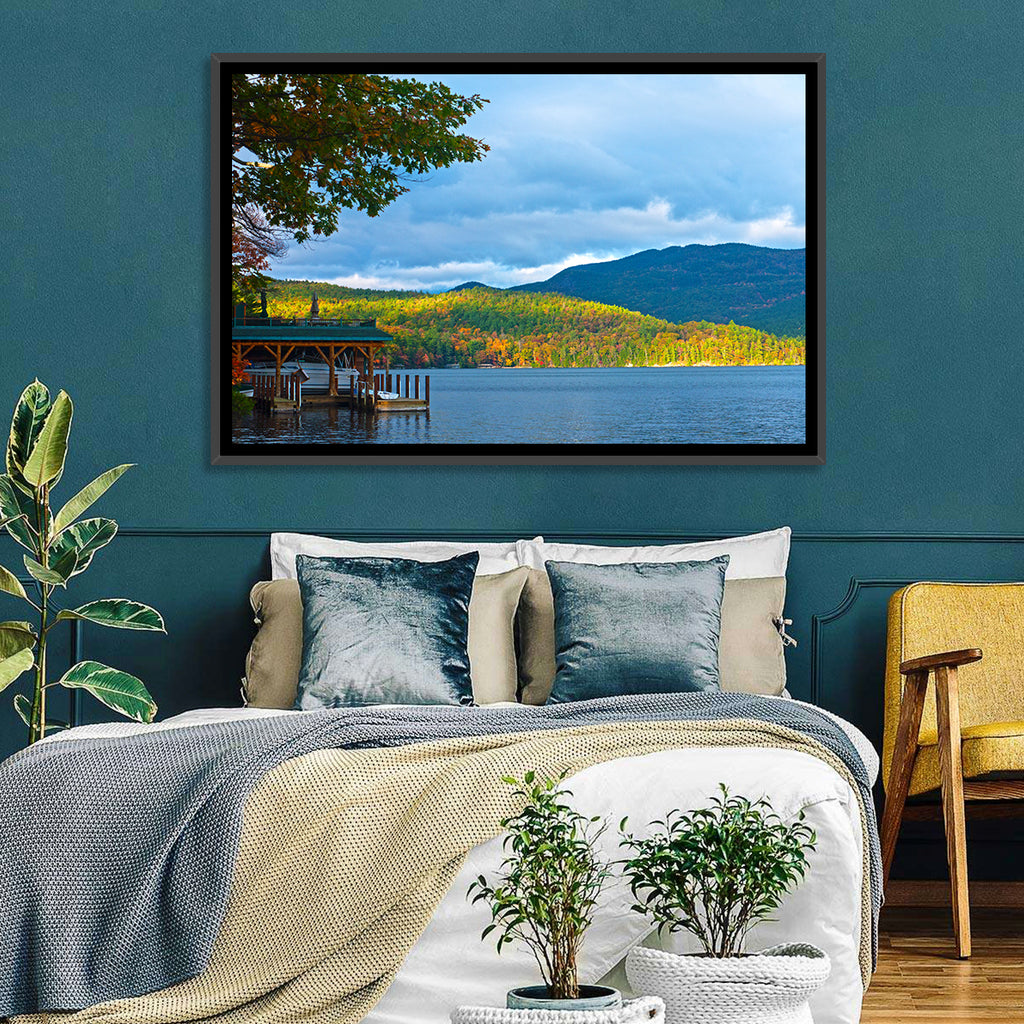 Lake George Boathouse in Autumn Wall Art