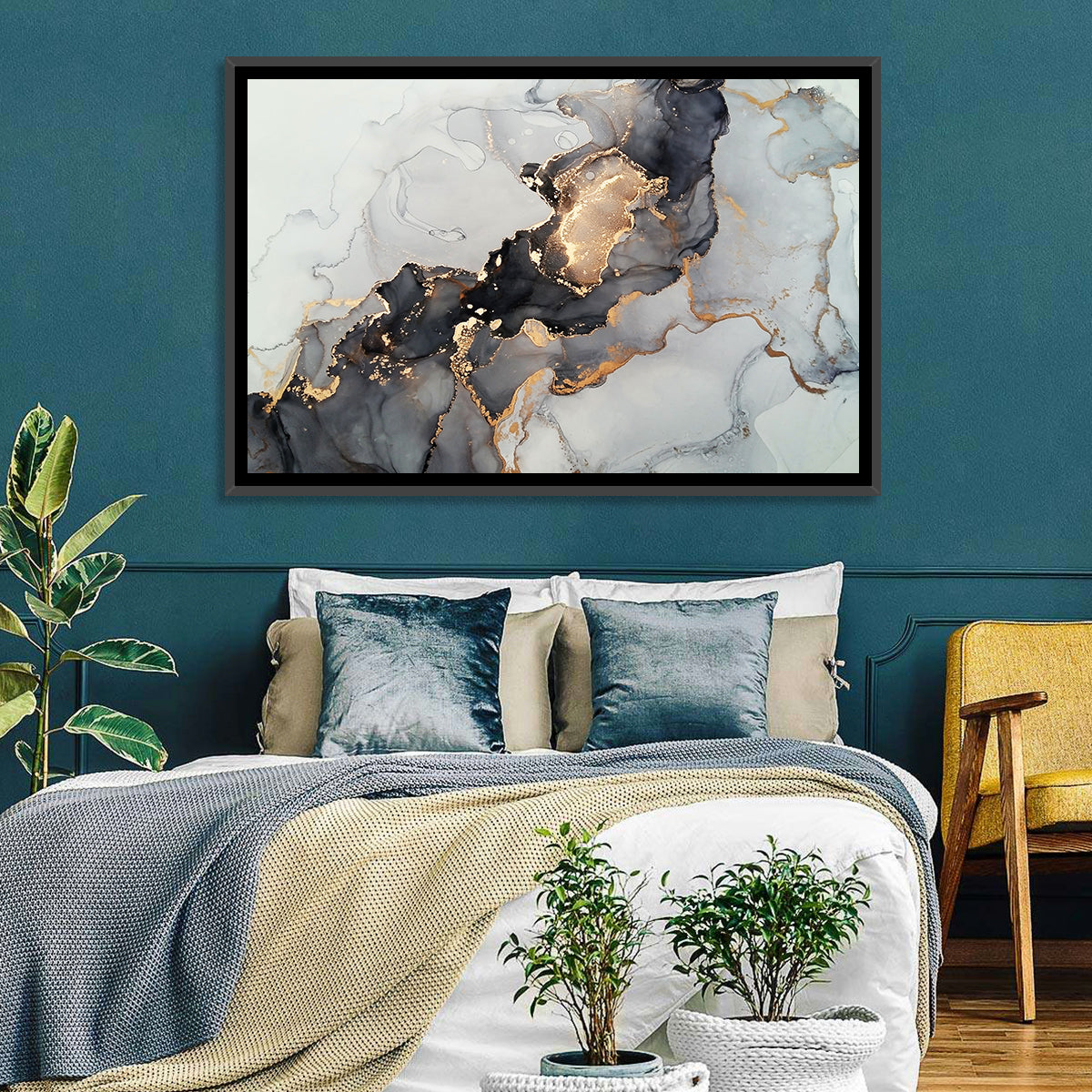 Black Fire Marble Abstract Wall Art in a room, landscape