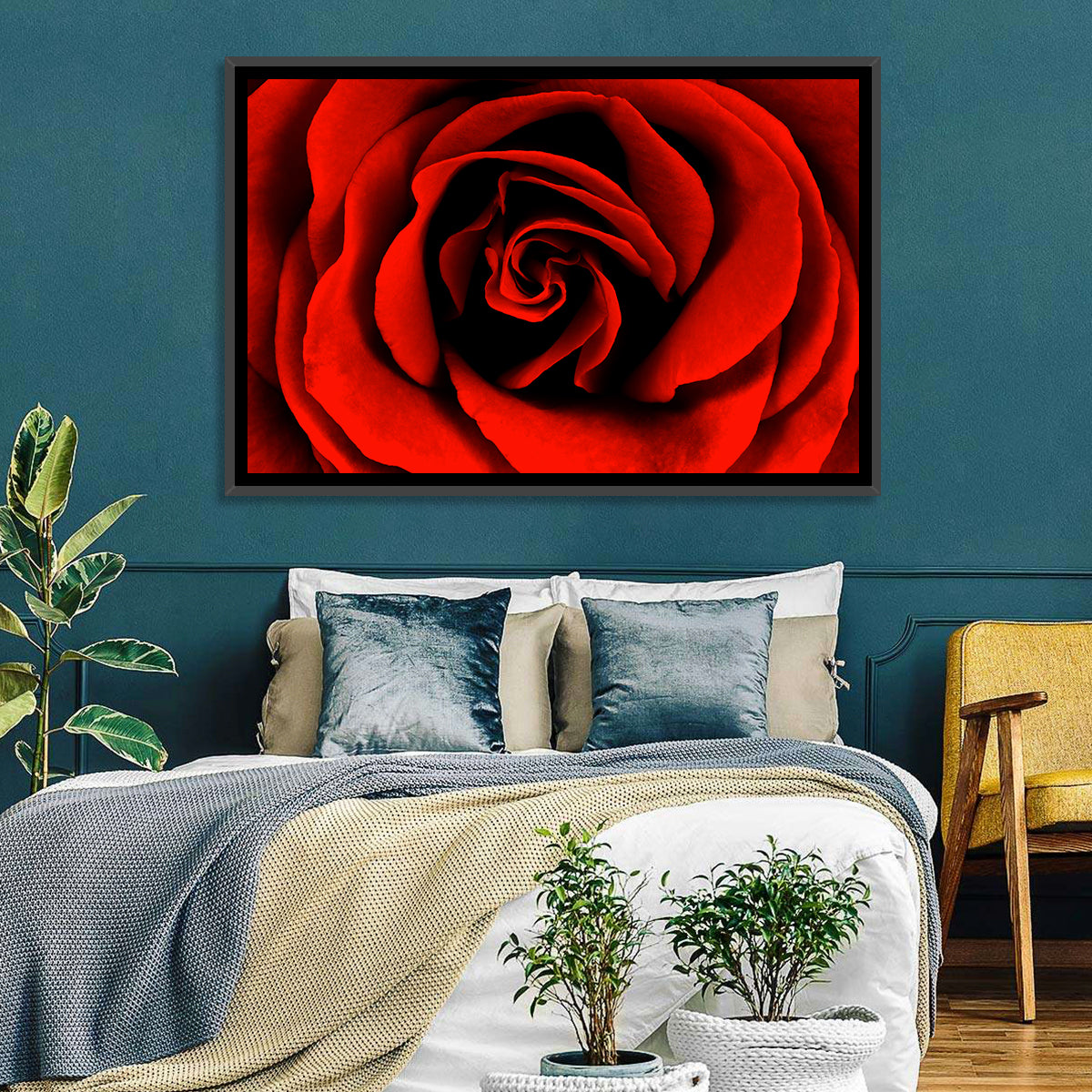Velvety Red Rose Close-up Wall Art in a room, landscape
