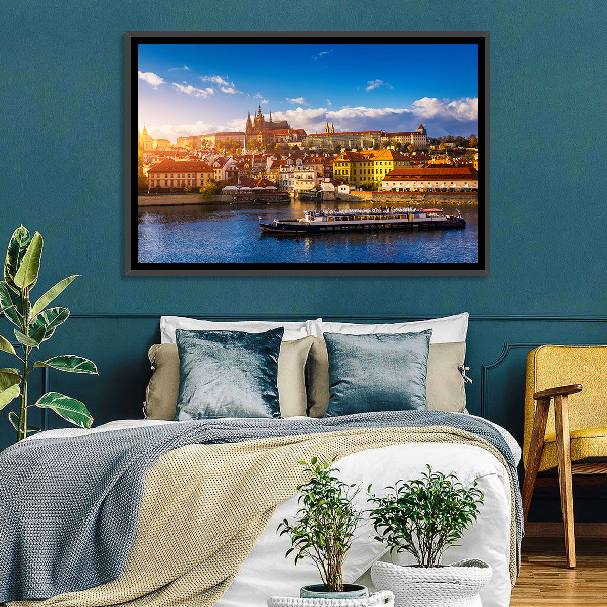 Prague Castle Golden Hour River View Wall Art in a room, landscape