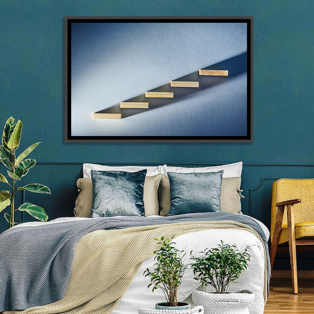 Five Wooden Steps Abstraction Wall Art in a room, landscape