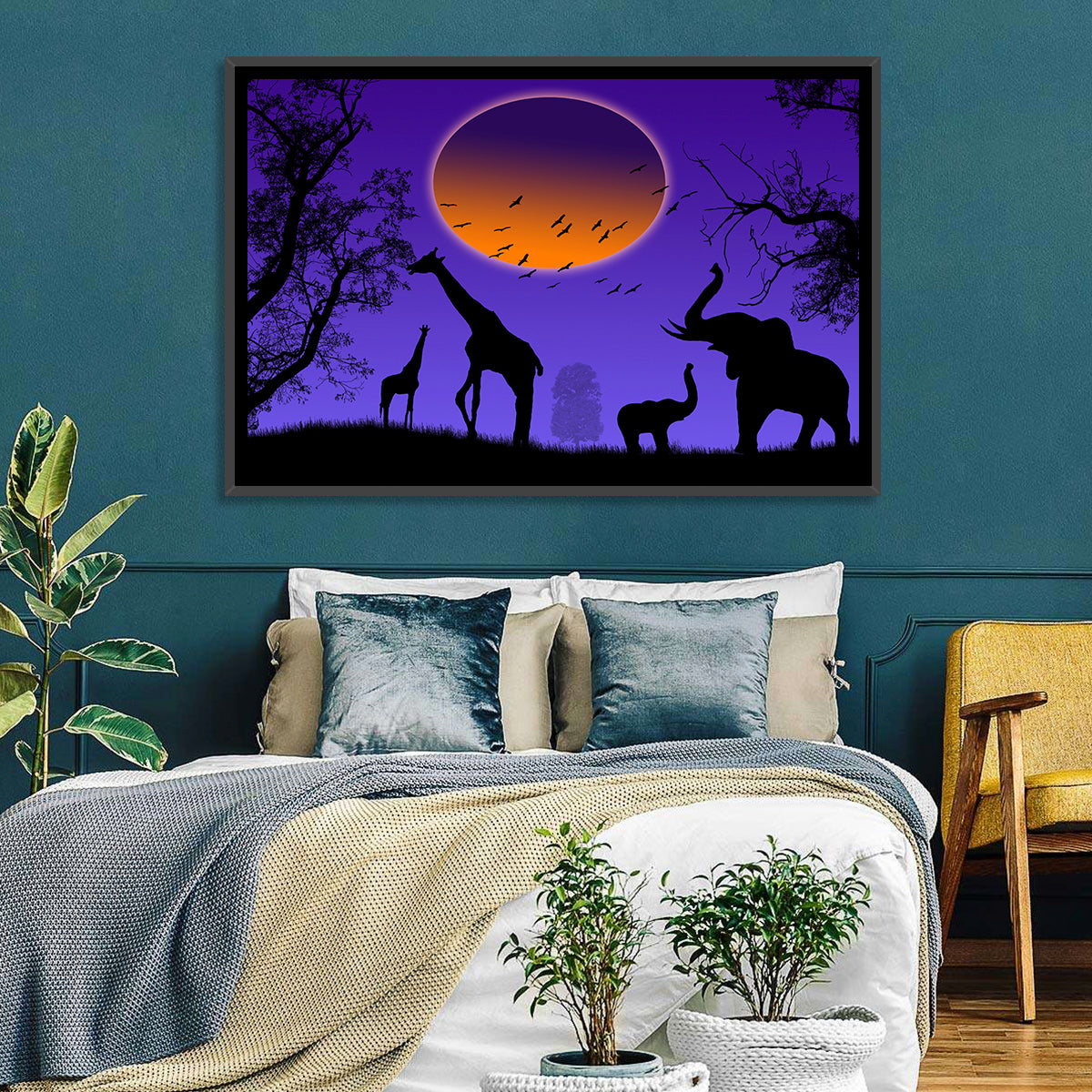 Sunset Savannah Silhouette Wall Art in a room, landscape