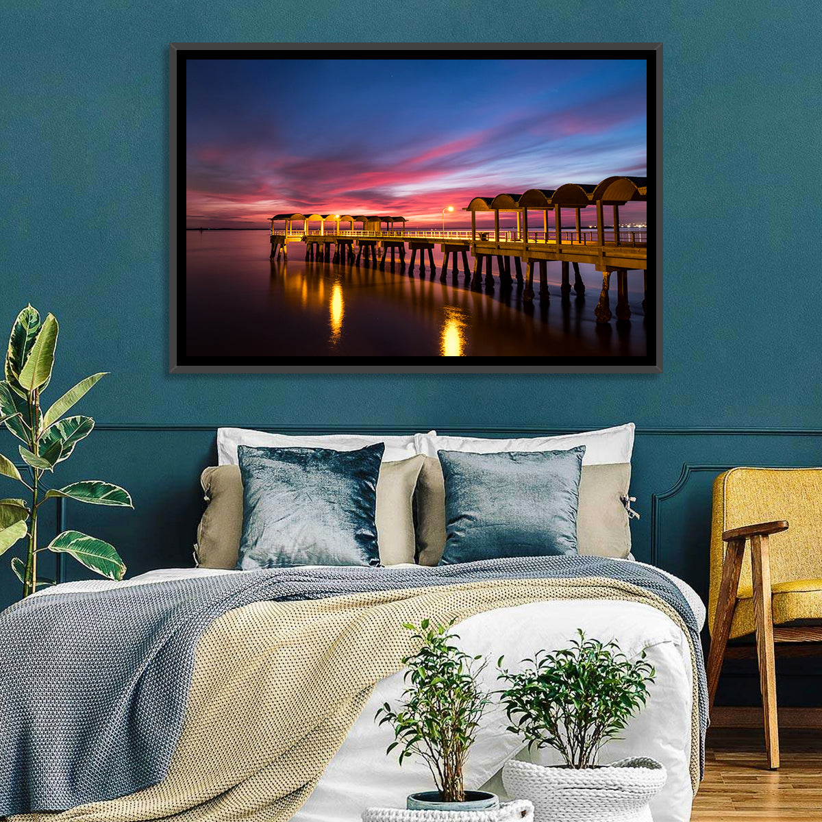 Twilight on Jekyll Island Pier Wall Art in a room, landscape