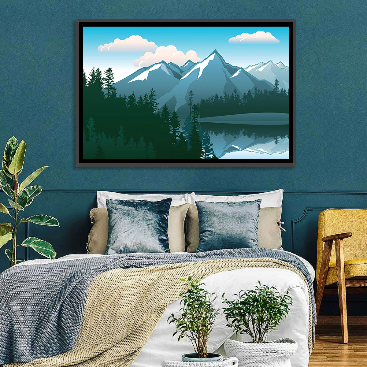 Tranquil Mountain Lake Illustration Wall Art in a room, landscape