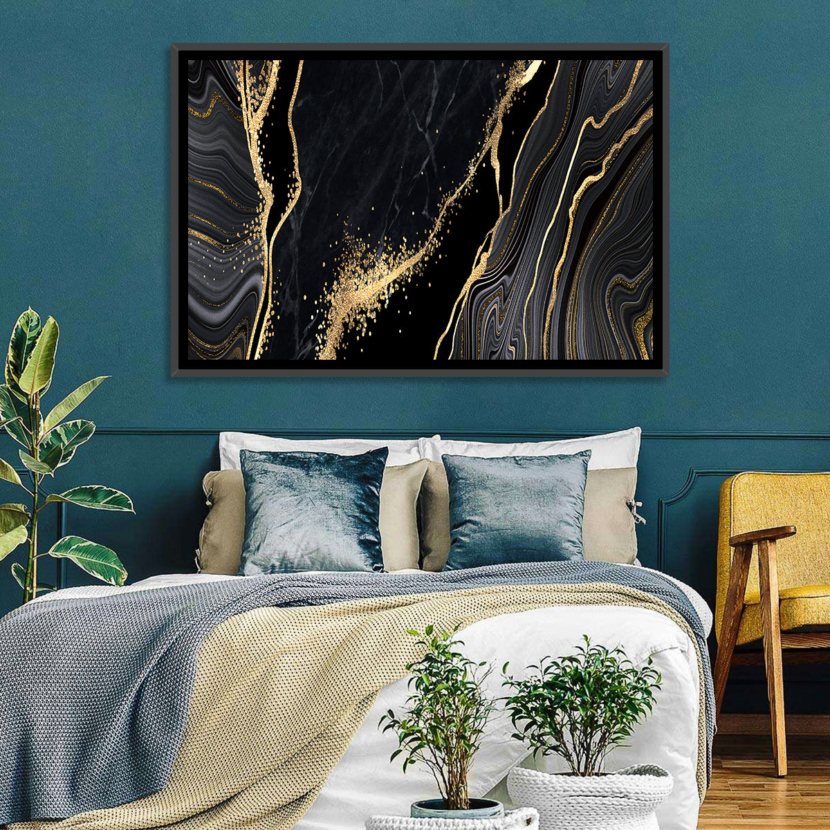 Diagonal Gold Veined Marble Wall Art in a room, landscape