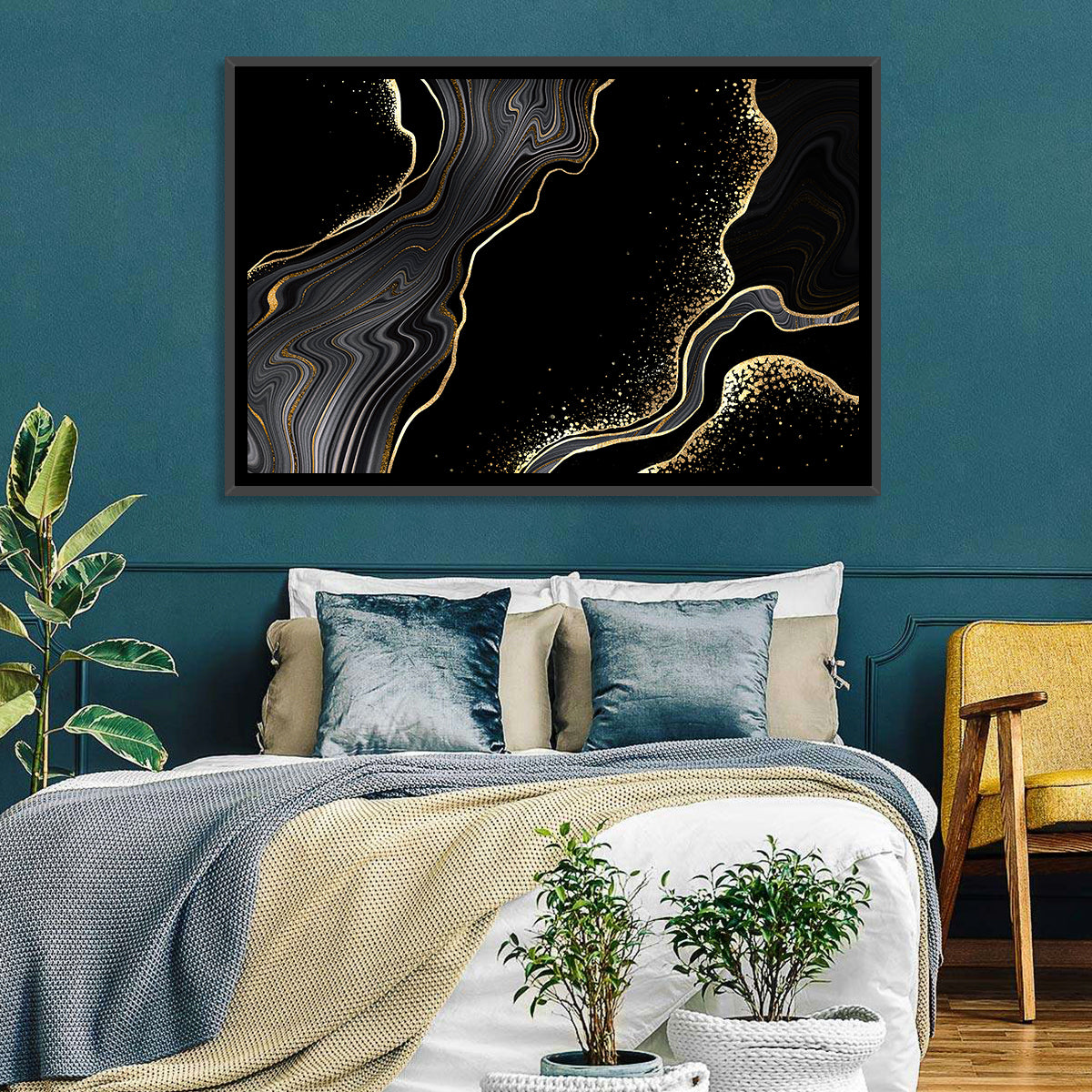 Black Marble with Gold Veins Wall Art in a room, landscape