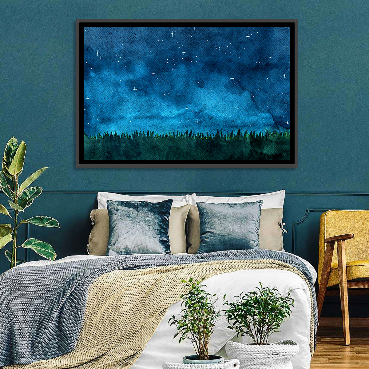 Starry Meadow Nightscape Wall Art in a room, landscape