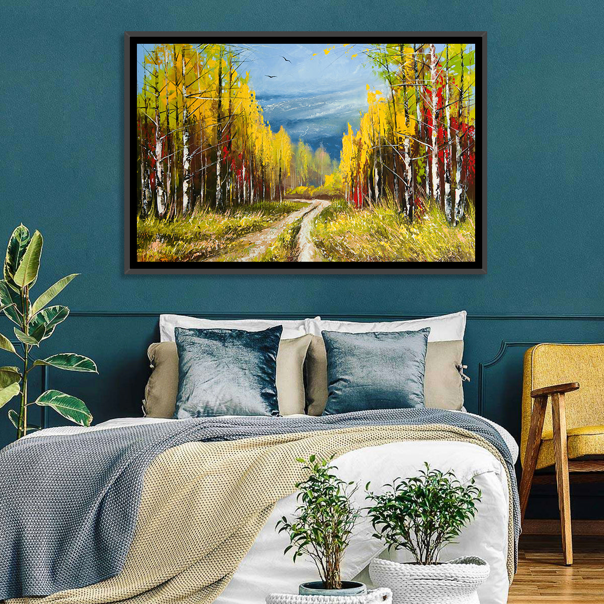 Autumn Birch Path with Two Birds Wall Art in a room, landscape