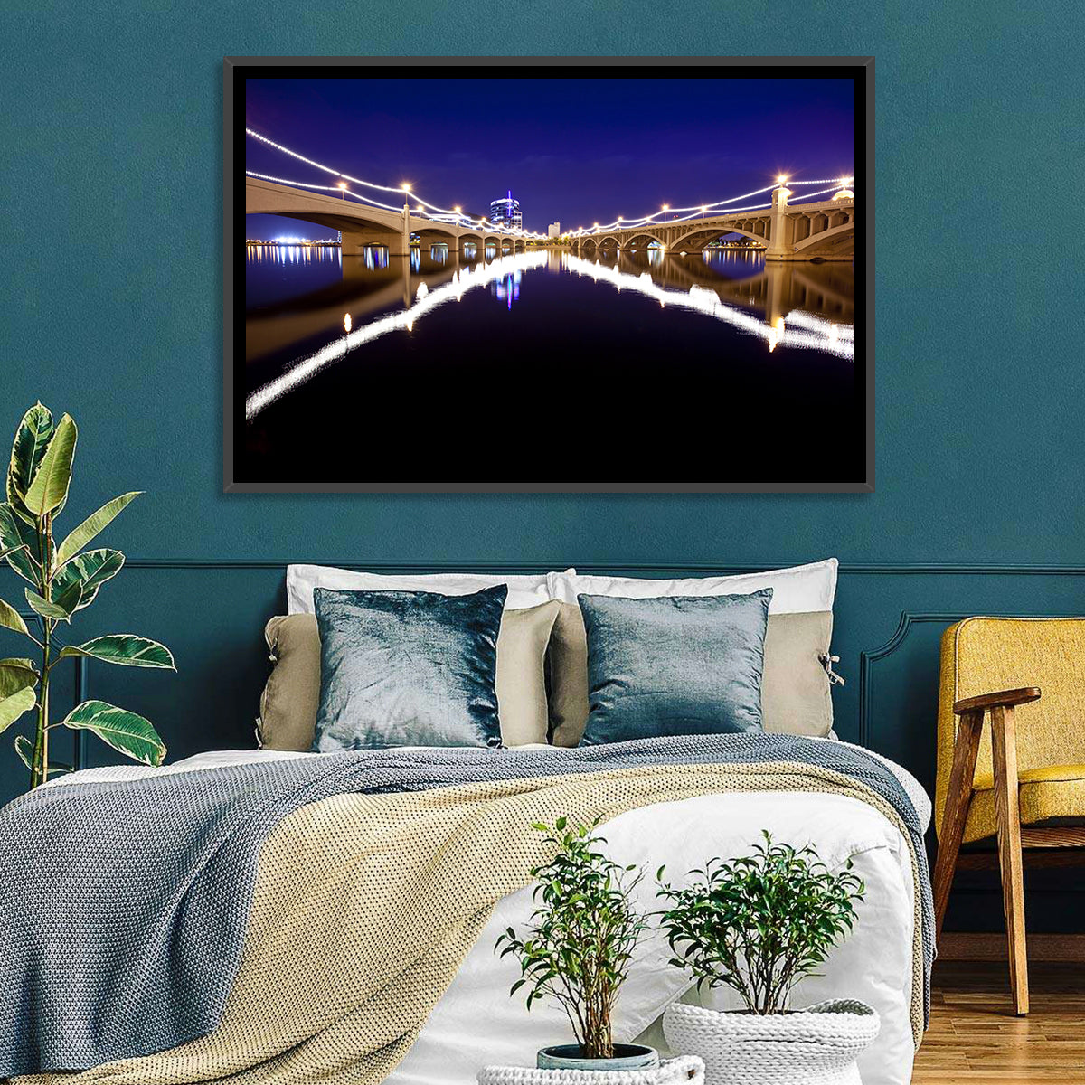Mill Avenue Bridge Night Reflections Wall Art in a room, landscape