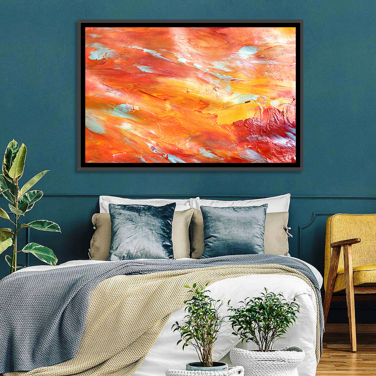 Sunfire Impasto Abstract Wall Art in a room, landscape