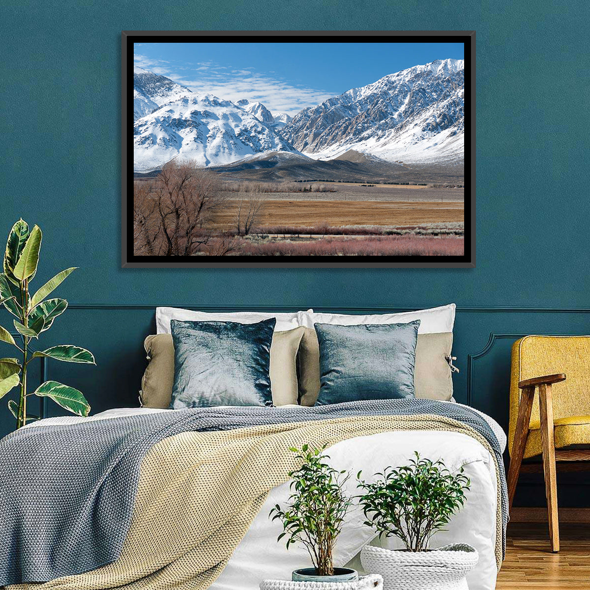 Eastern Sierra Winter Peaks Wall Art in a room, landscape