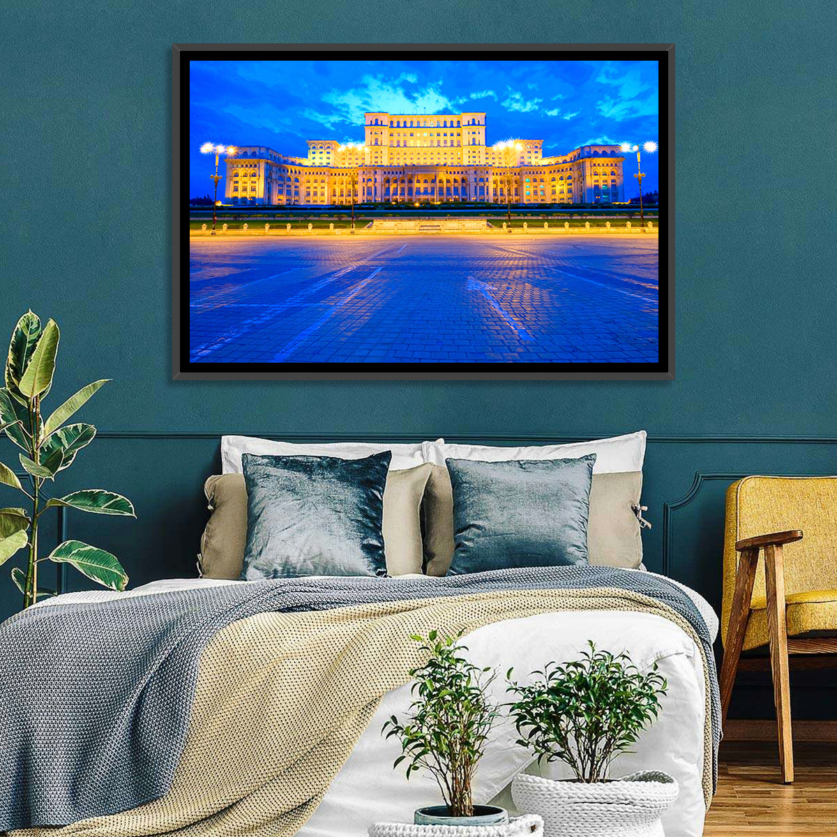 Palace of the Parliament at Twilight Wall Art in a room, landscape