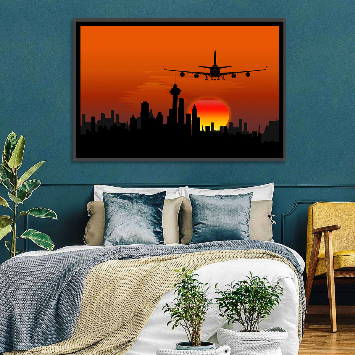 Approaching Jet Over Sunset Skyline Wall Art