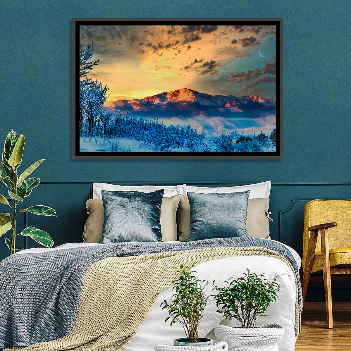 Pikes Peak Golden Sunset Wall Art in a room, landscape