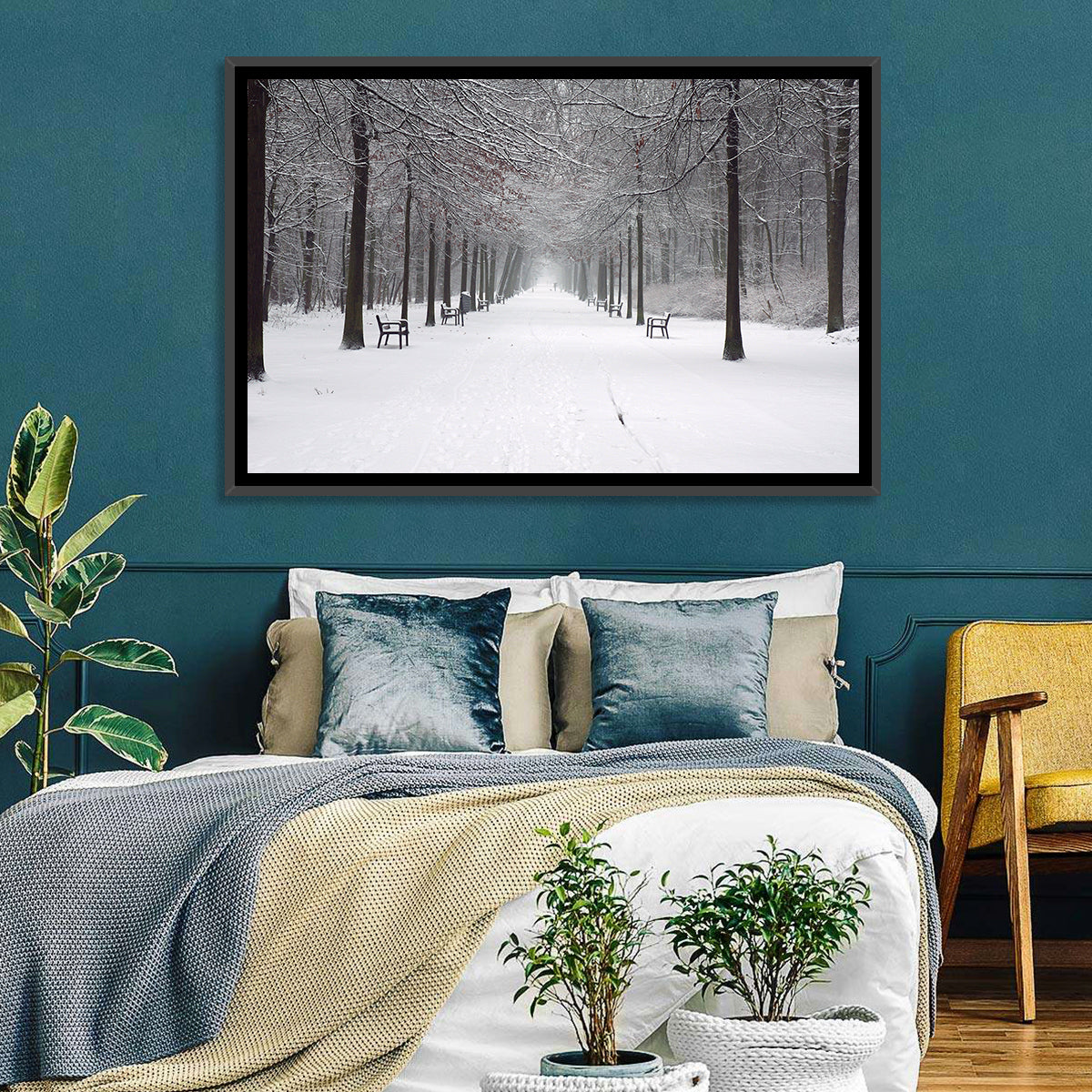 Snow Covered Park Lane Wall Art in a room, landscape