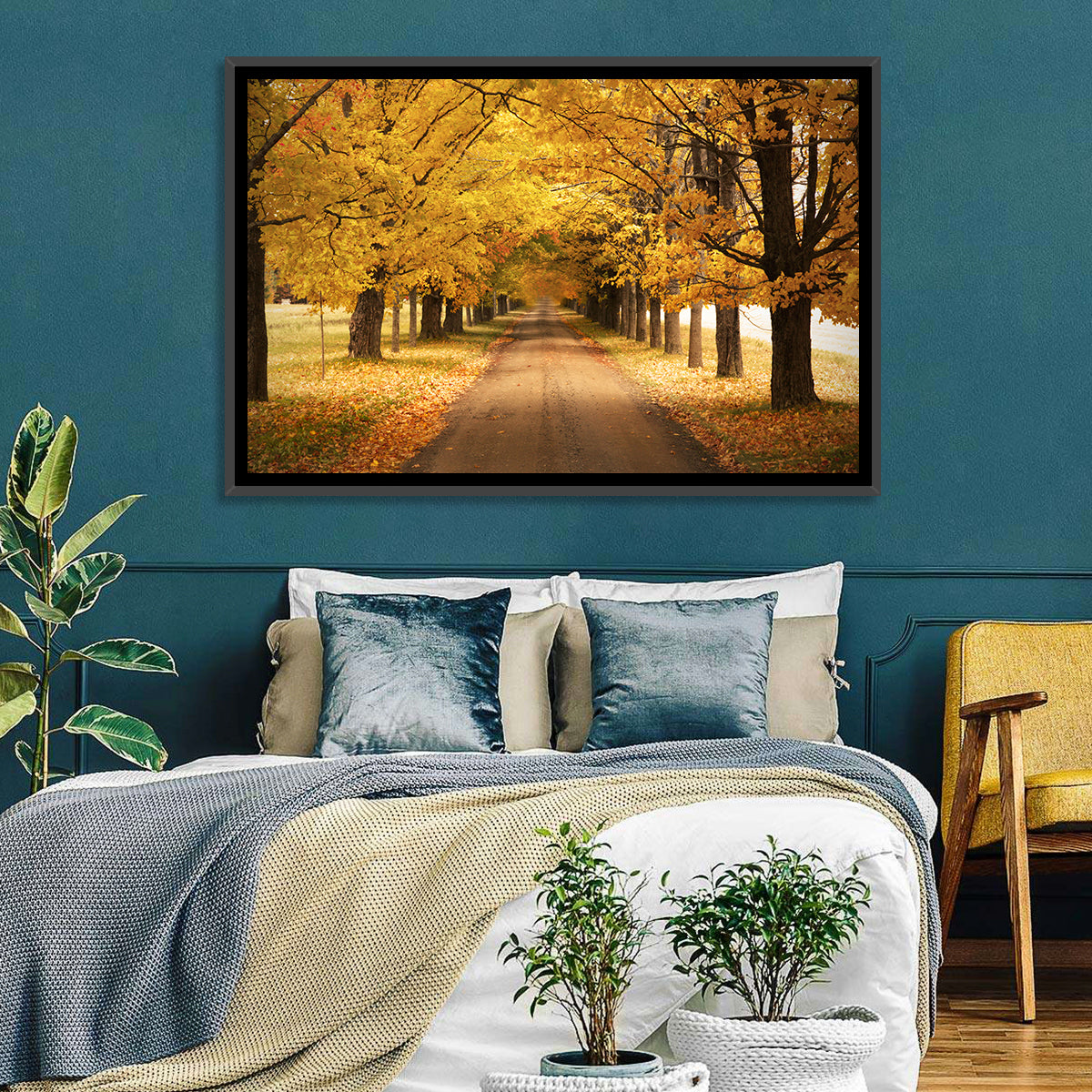 Golden Autumn Road Wall Art in a room, landscape
