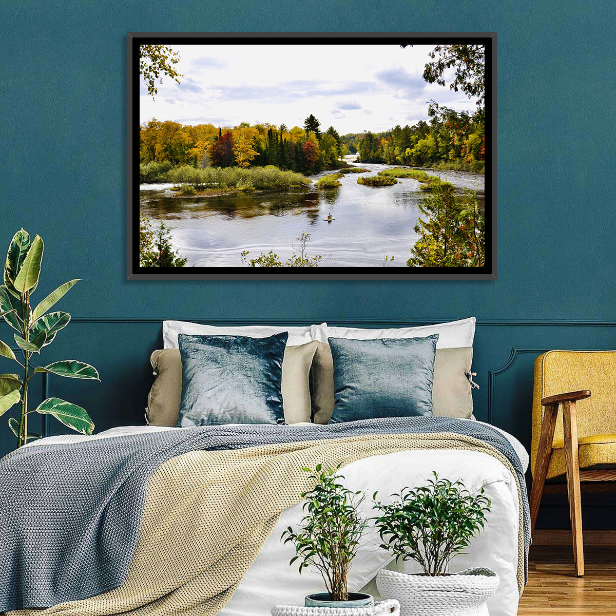 Tahquamenon River Autumn Scene Wall Art in a room, landscape