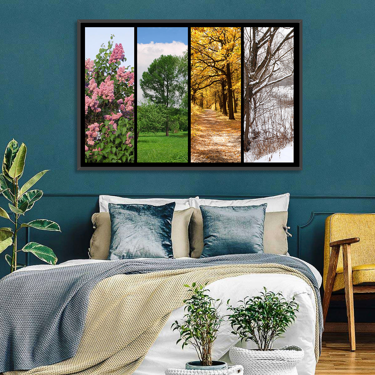 Four Seasons Tree Collage Wall Art in a room, landscape