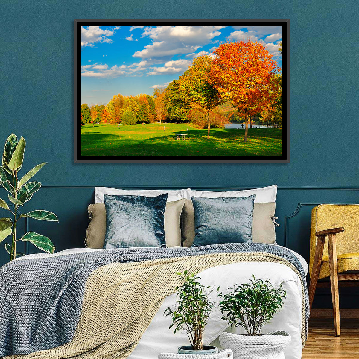 Autumn Trees and Lakeside Lawn Wall Art in a room, landscape