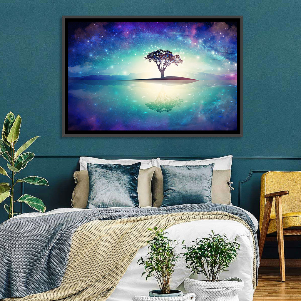 Glowing Island Tree Under Starry Nebula Wall Art