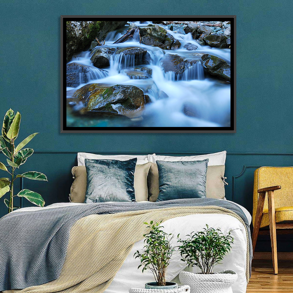 Mossy Rock Stream with Silky Waterfall Wall Art in a room, landscape