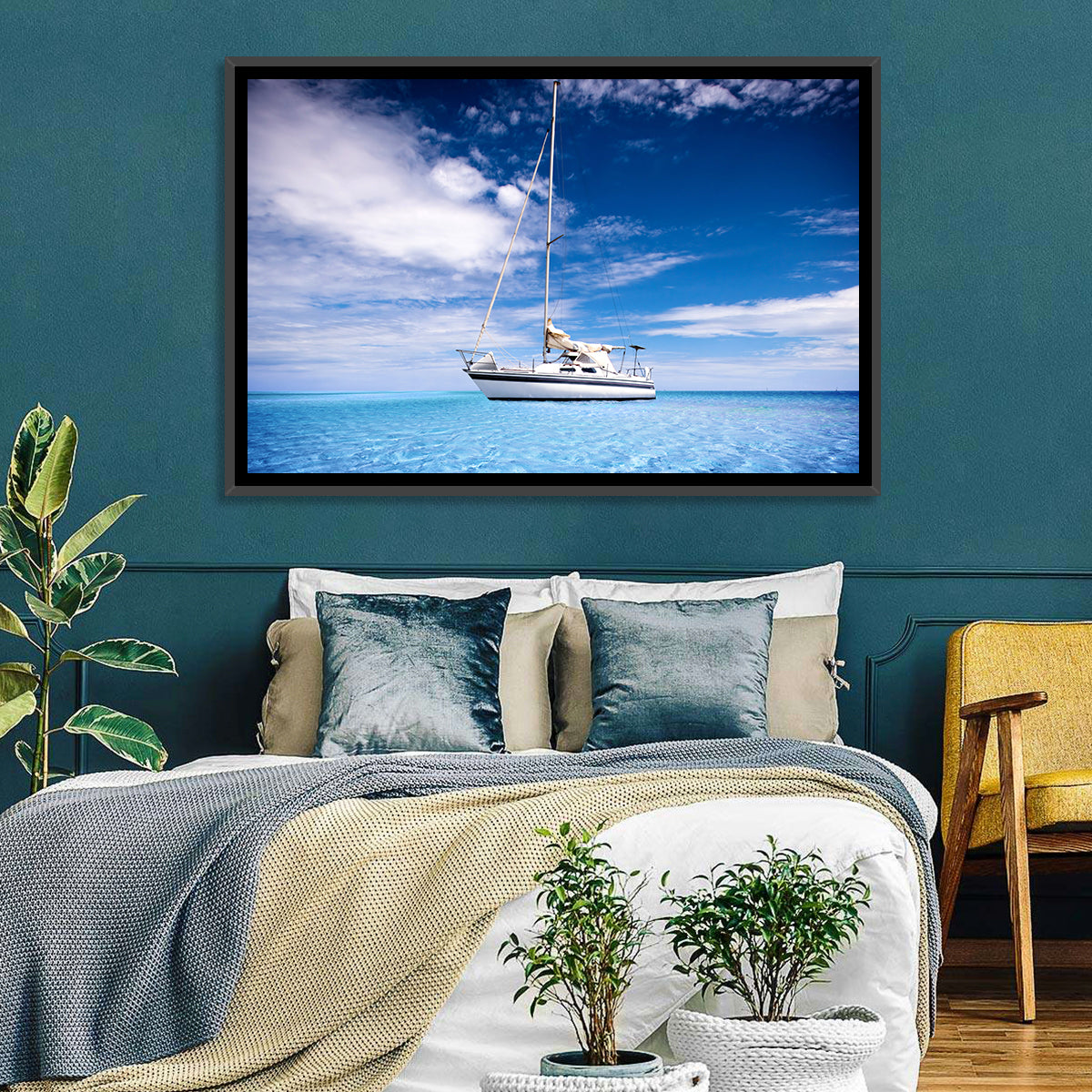 Furled Sails Over Turquoise Water Wall Art in a room, landscape