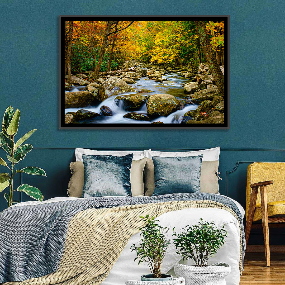 Autumn Stream Through Forest Wall Art in a room, landscape
