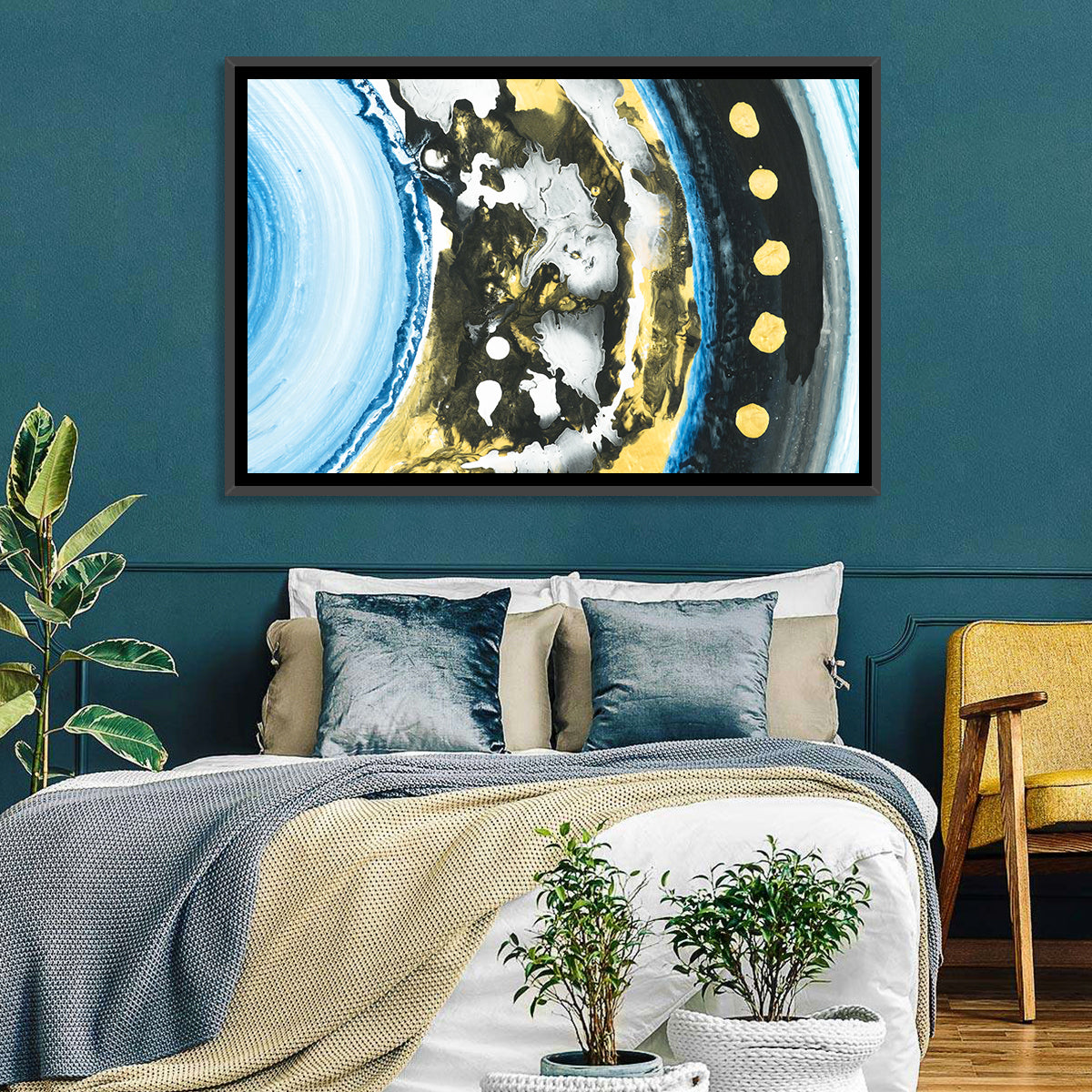 Planet Rings in Blue and Gold Wall Art in a room, landscape