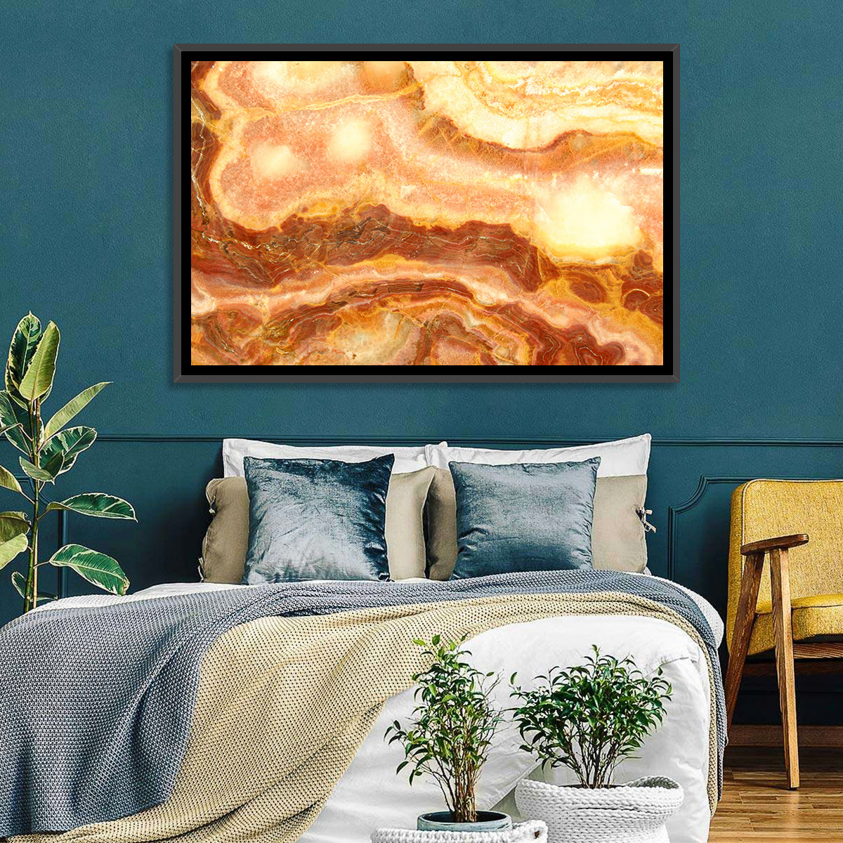 Golden Agate Stone Abstract Wall Art in a room, landscape
