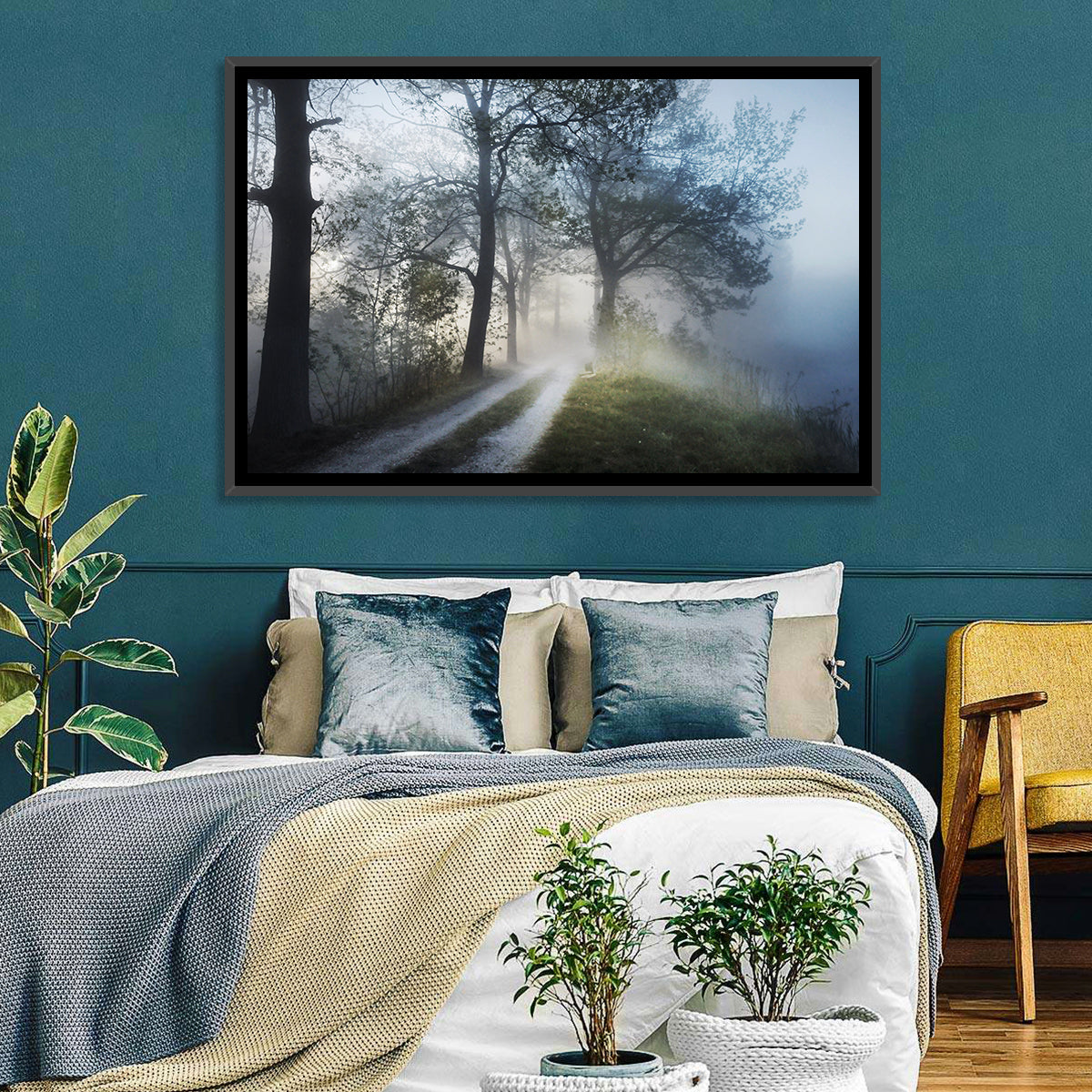 Foggy Forest Path Wall Art in a room, landscape