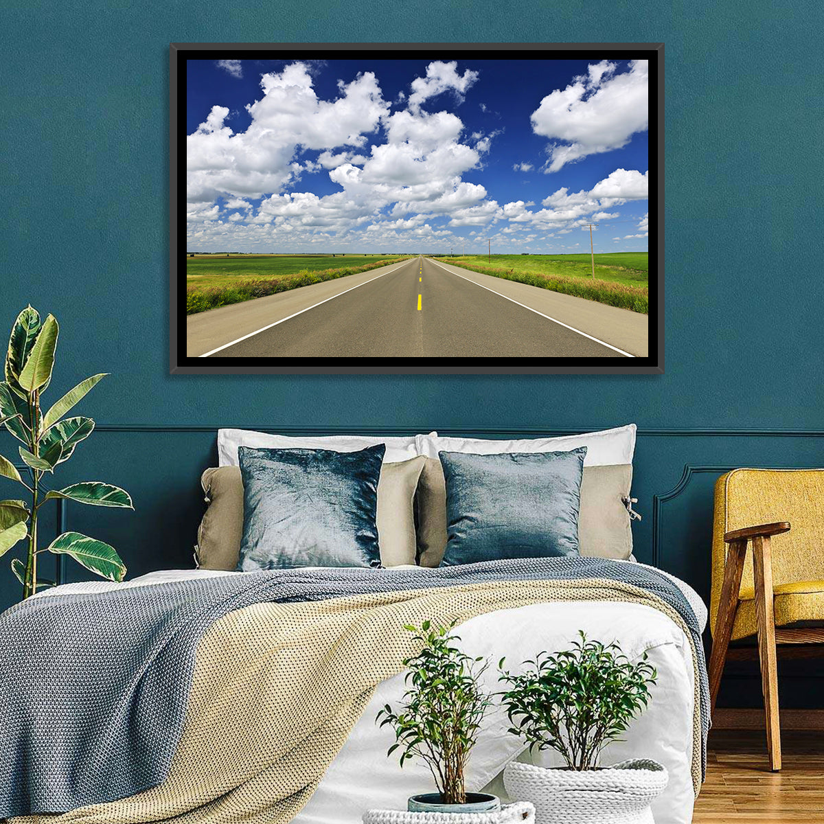Saskatchewan Prairie Highway Wall Art in a room, landscape