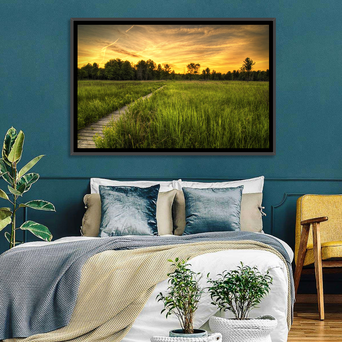 Irwin Prairie Boardwalk Sunset Wall Art in a room, landscape