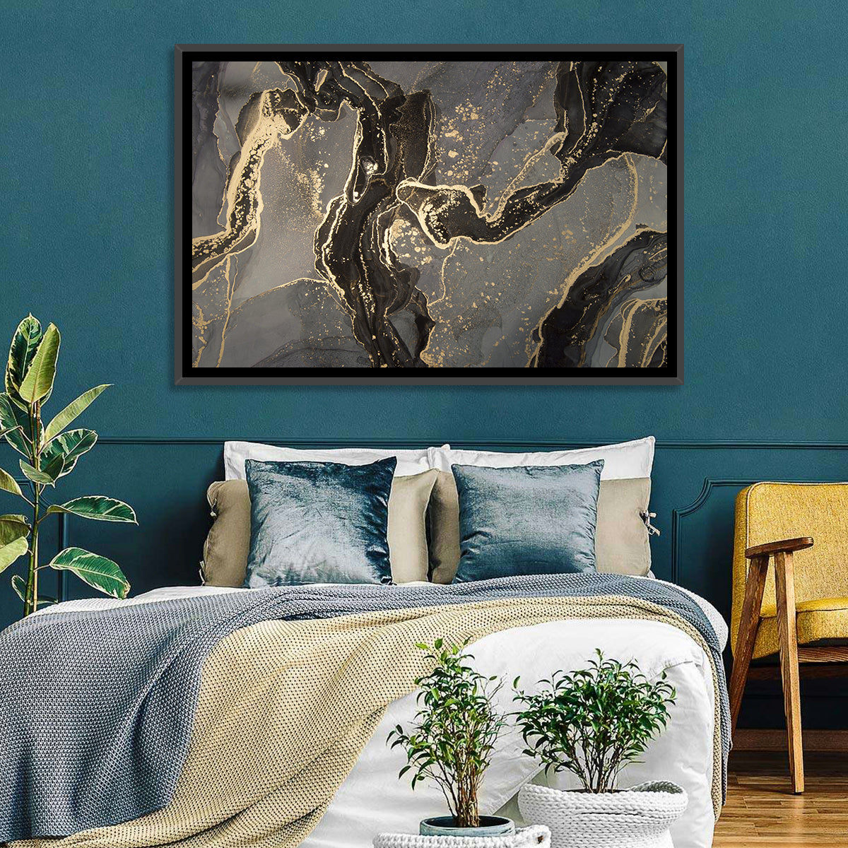 Black and Gold Marbled Abstract Wall Art in a room, landscape