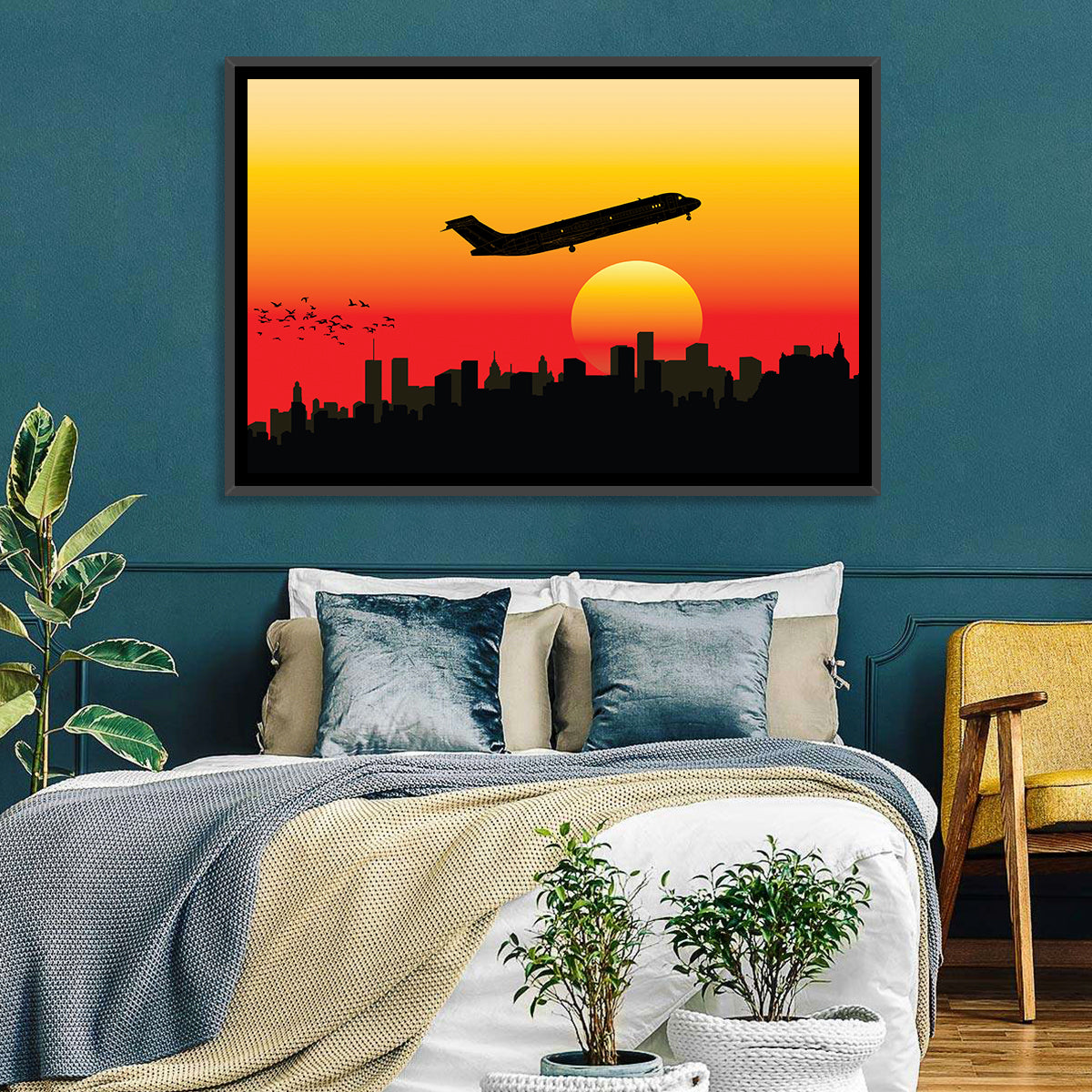 Airplane Over Sunset Skyline Wall Art