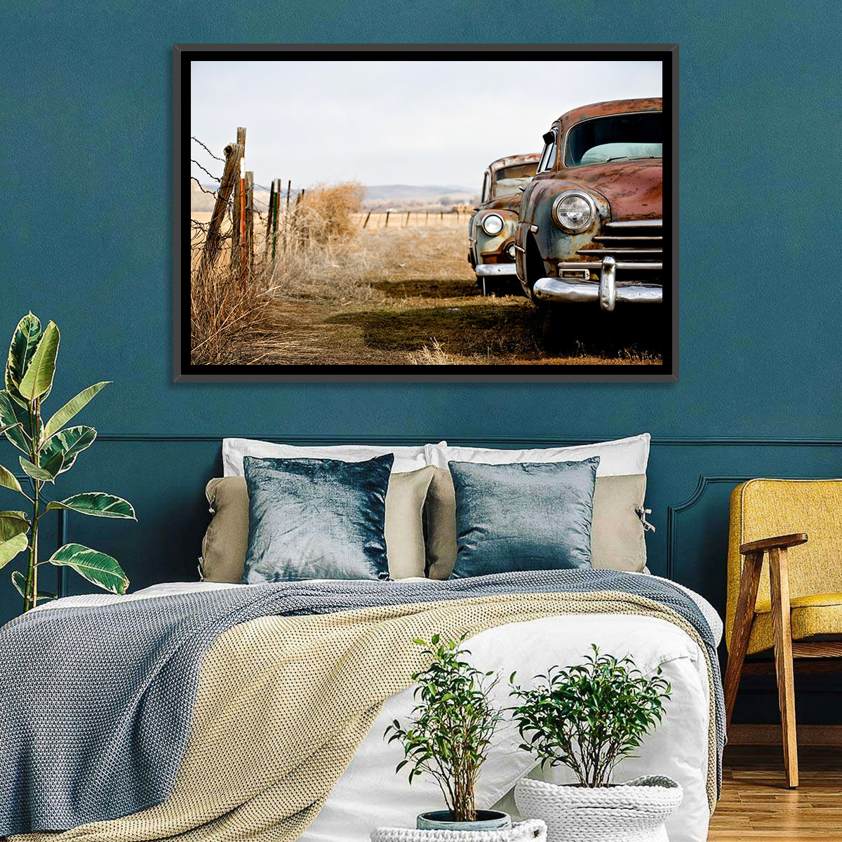 Abandoned Rusty Vintage Cars Behind Barbed Wire Wall Art