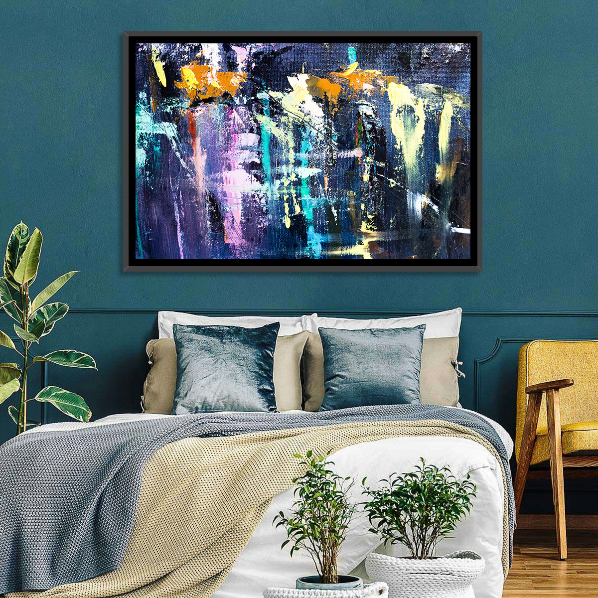 Impasto Waterfall in Blue and Purple Wall Art in a room, landscape