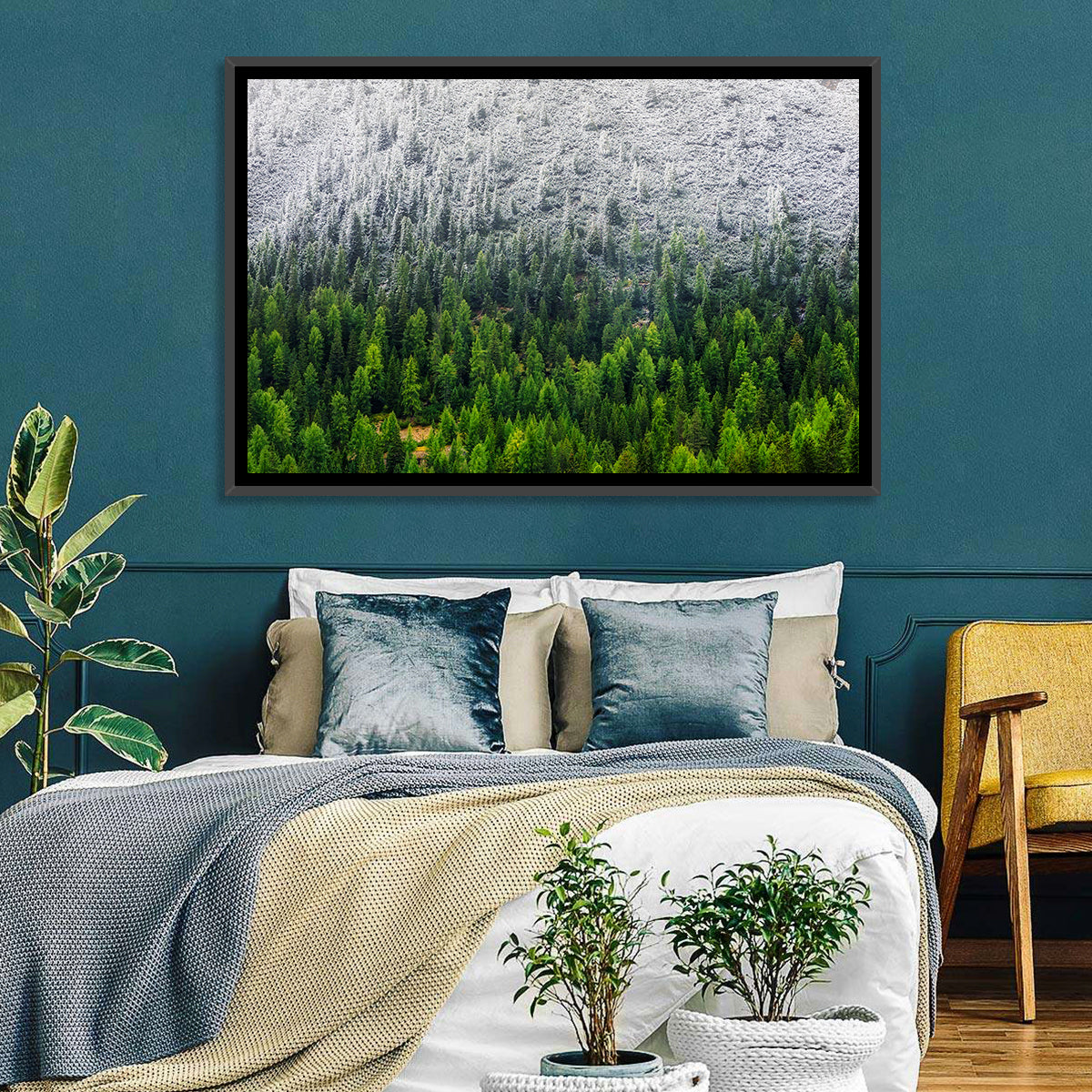 Snowy Dolomites Forest Wall Art in a room, landscape