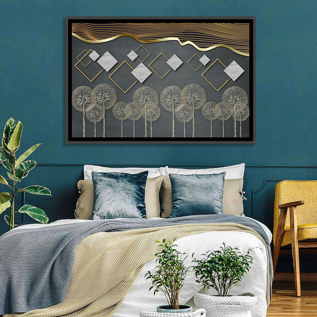 Gray and Gold Dandelion Wall Art in a room, landscape