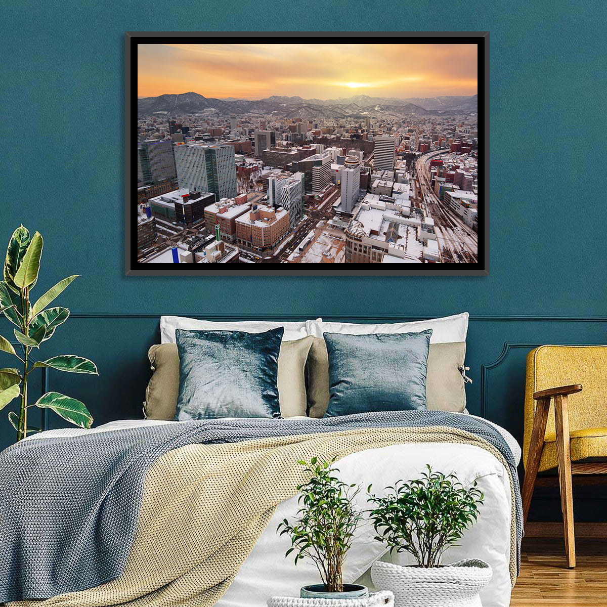 Sapporo Station Skyline at Golden Hour Wall Art in a room, landscape