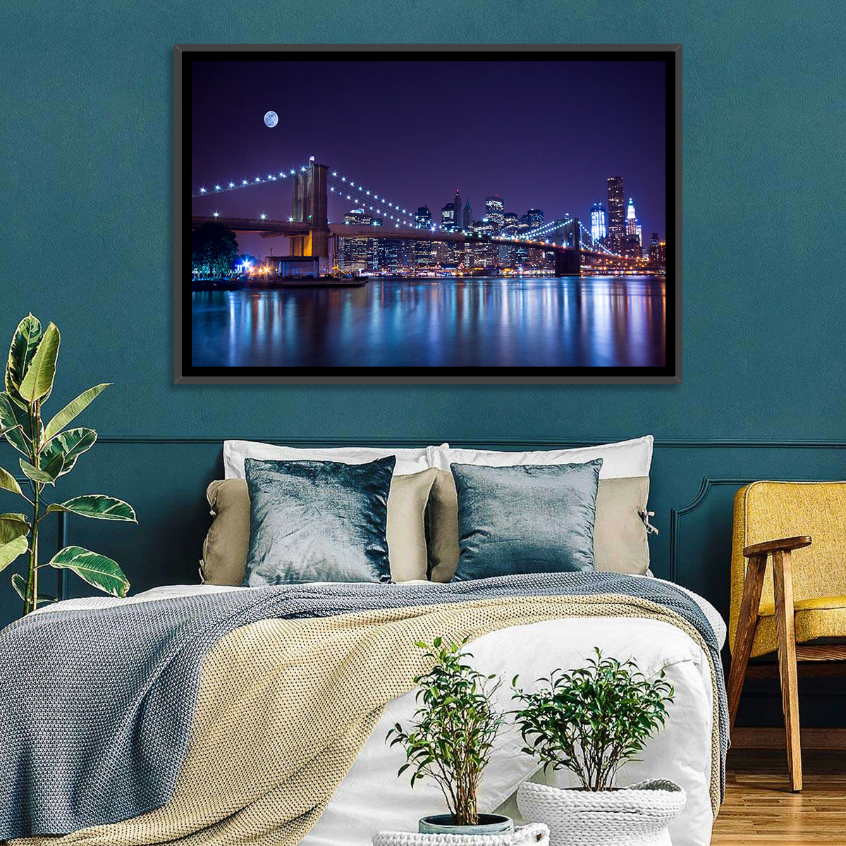 Brooklyn Bridge Moonlit Reflections Wall Art in a room, landscape