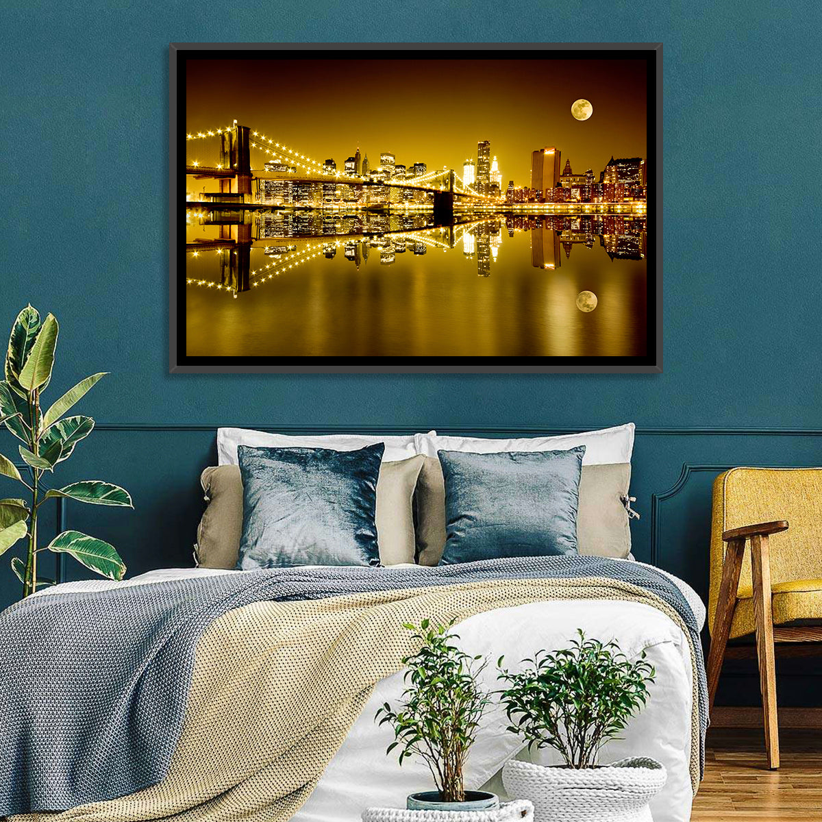 Brooklyn Bridge Moonlit Reflection Wall Art in a room, landscape