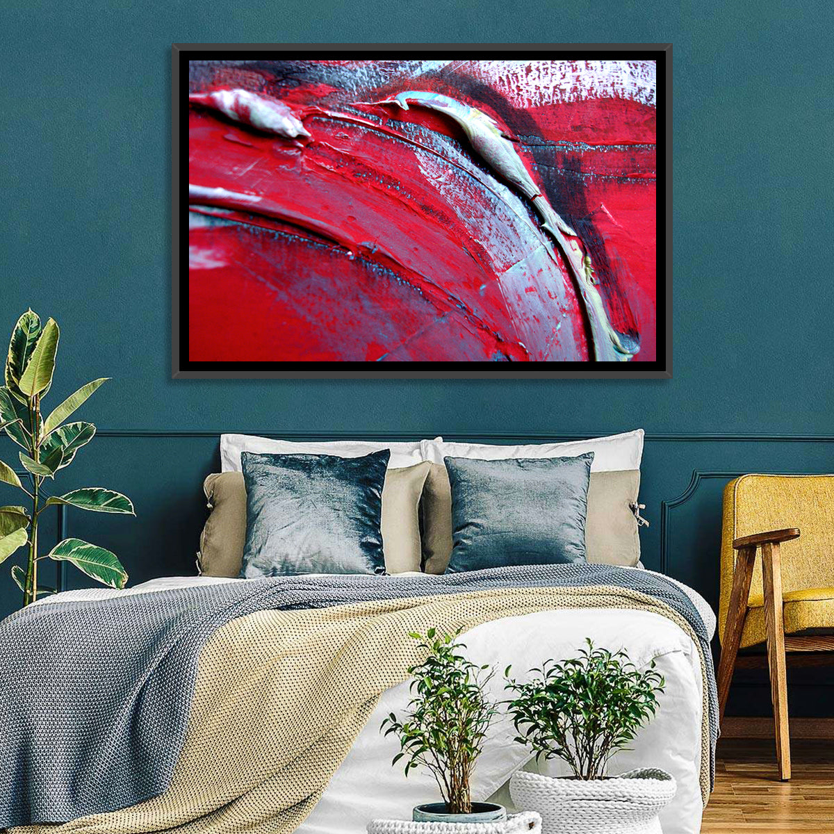 Crimson Impasto Motion Wall Art in a room, landscape
