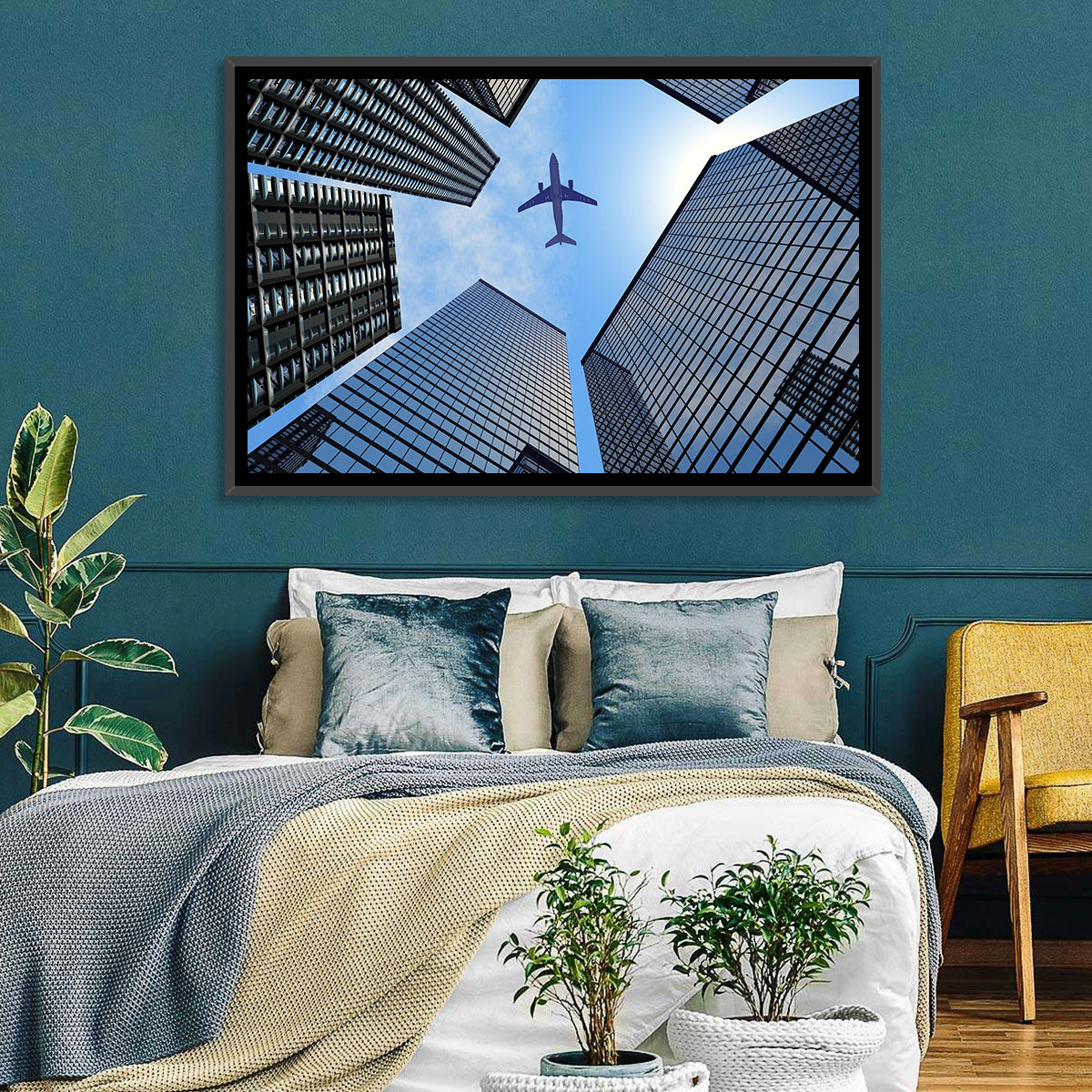 Airplane Above Skyscrapers Wall Art in a room, landscape