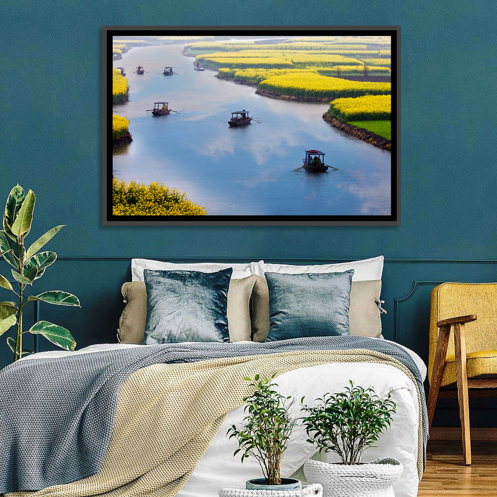 Spring River Rowboats in Rapeseed Fields Wall Art