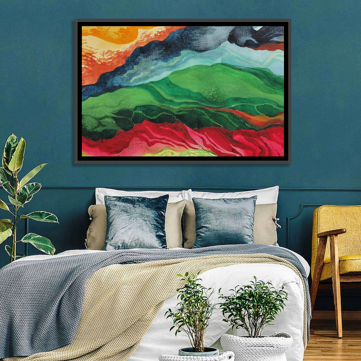 River Through Abstract Mountains Wall Art in a room, landscape