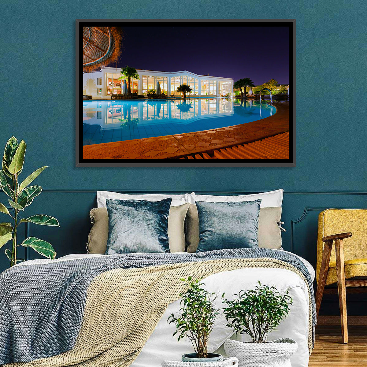 Moonlit Resort Pool Reflection Wall Art in a room, landscape