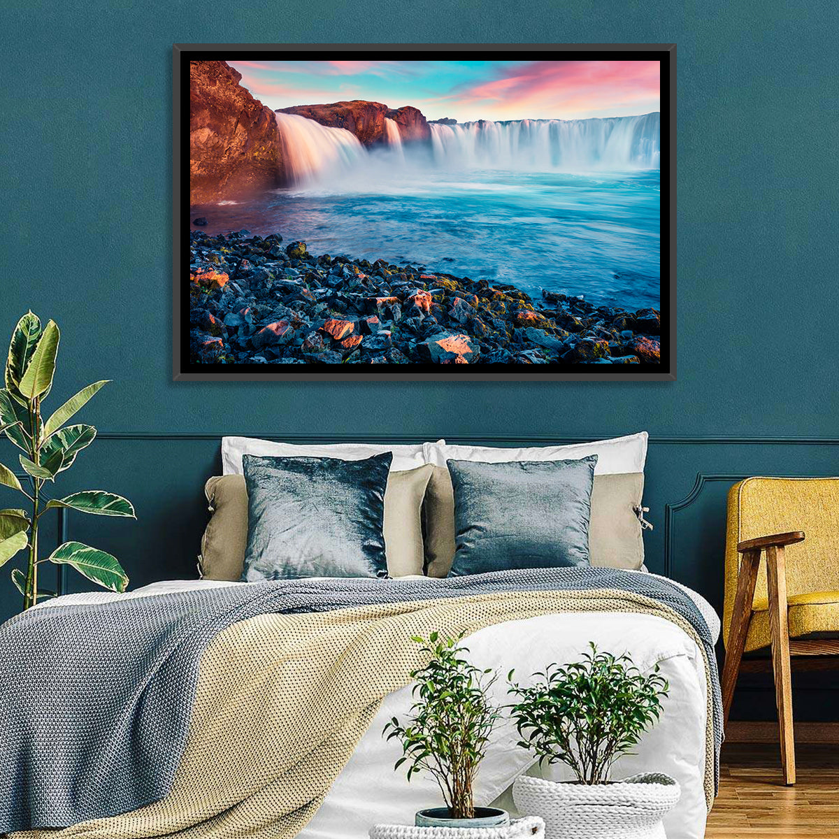 Goðafoss Waterfall at Sunset Wall Art in a room, landscape