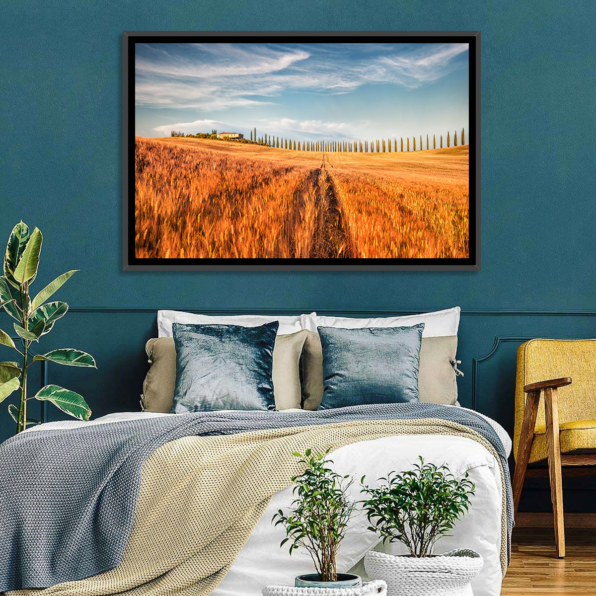 Tuscan Wheat Field Wall Art in a room, landscape